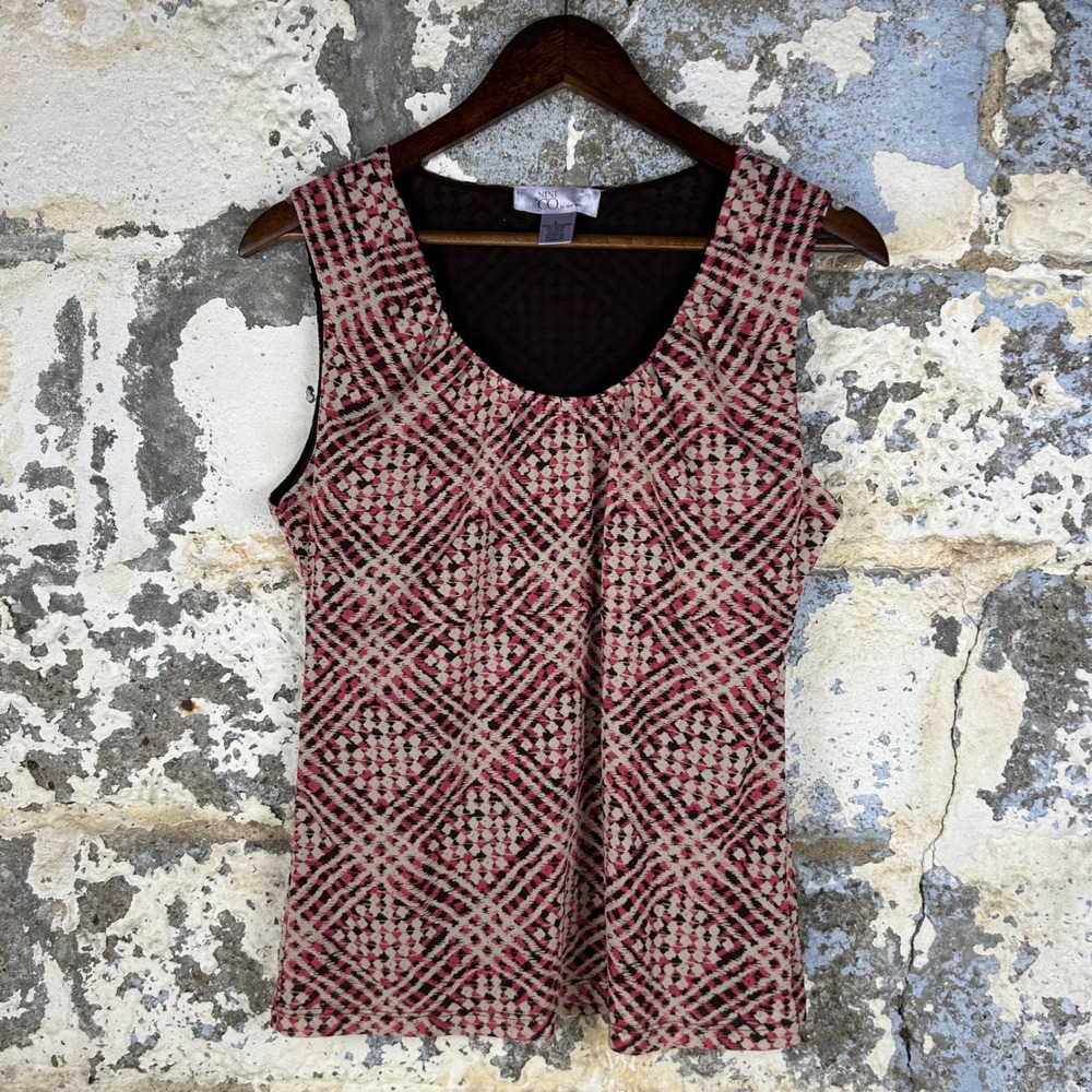 Nine & Co. Sleeveless Blouse Pink Black Geometric Excellent Pleated Top Womens L